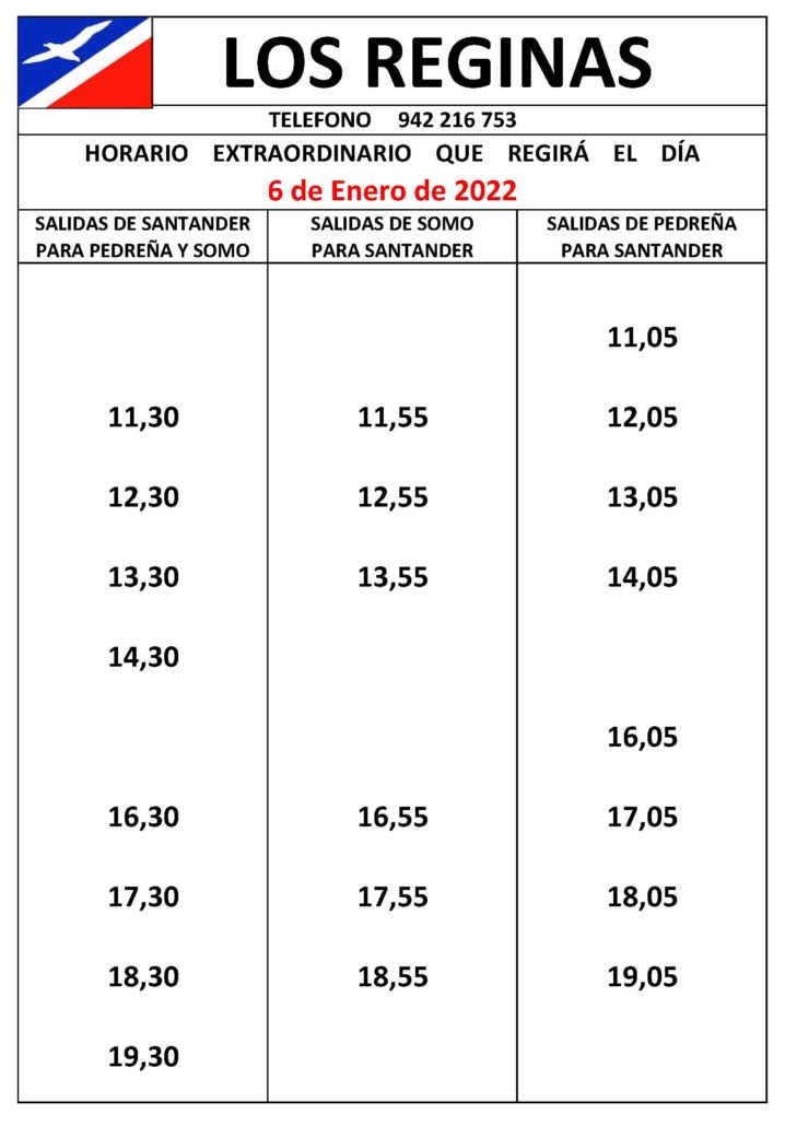Horario para el día de REYES 6 DE ENERO DE 2022